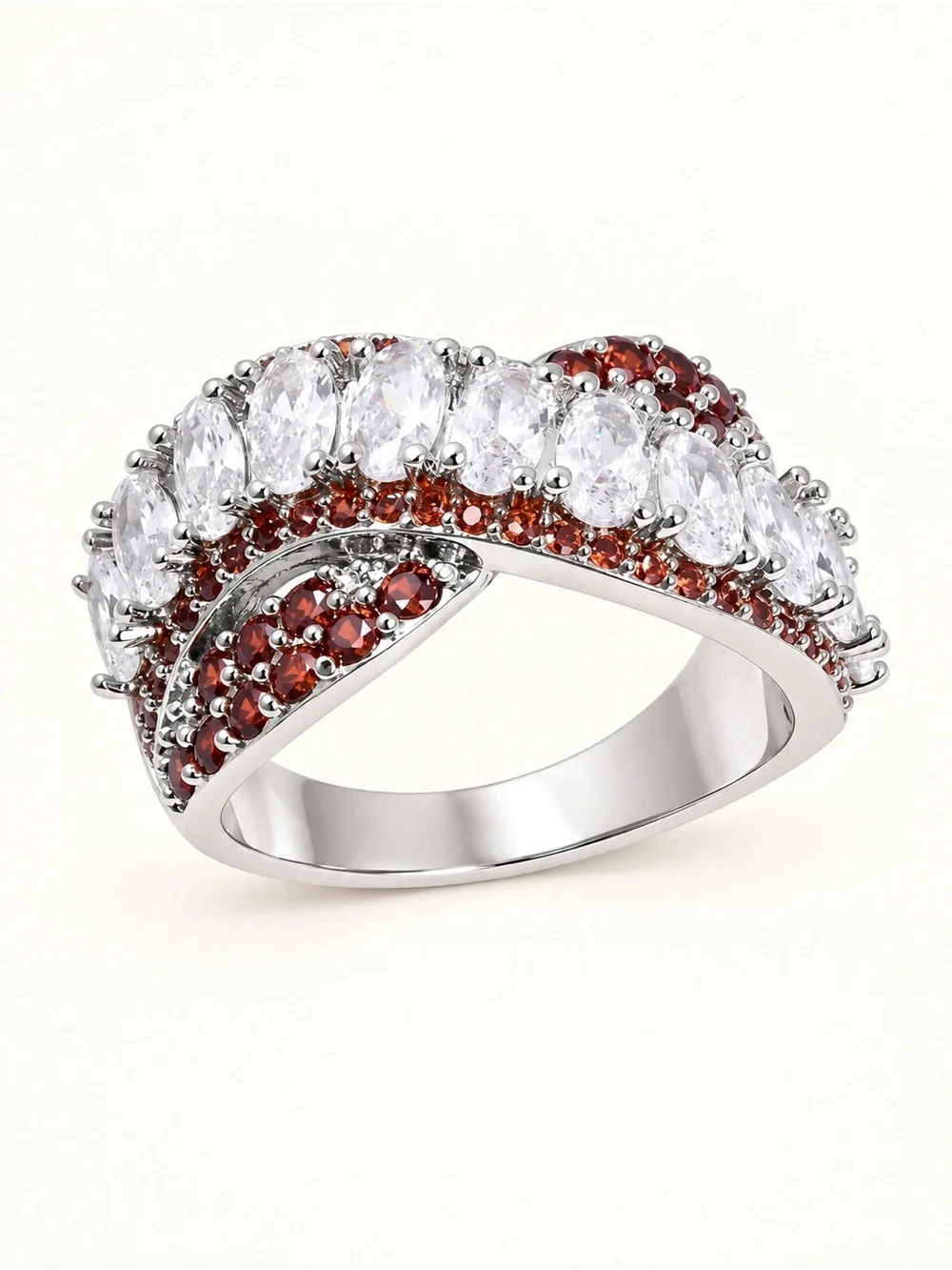 Simulated White & Red Diamond Criss Cross Statement Ring Silvertone